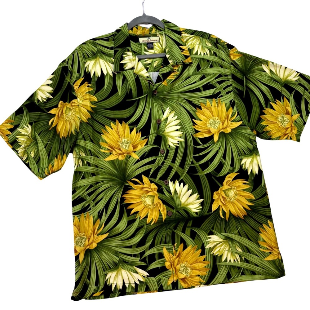 Tommy Bahama Mens Large Silk Camp Shirt Tropical Floral Palm‎ Leaf Button Up